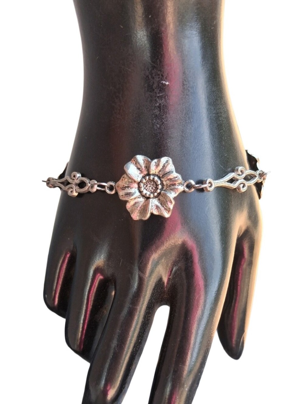 Vintage Antique Silver Floral Link Bracelet Filigree Flower Charm Cottagecore